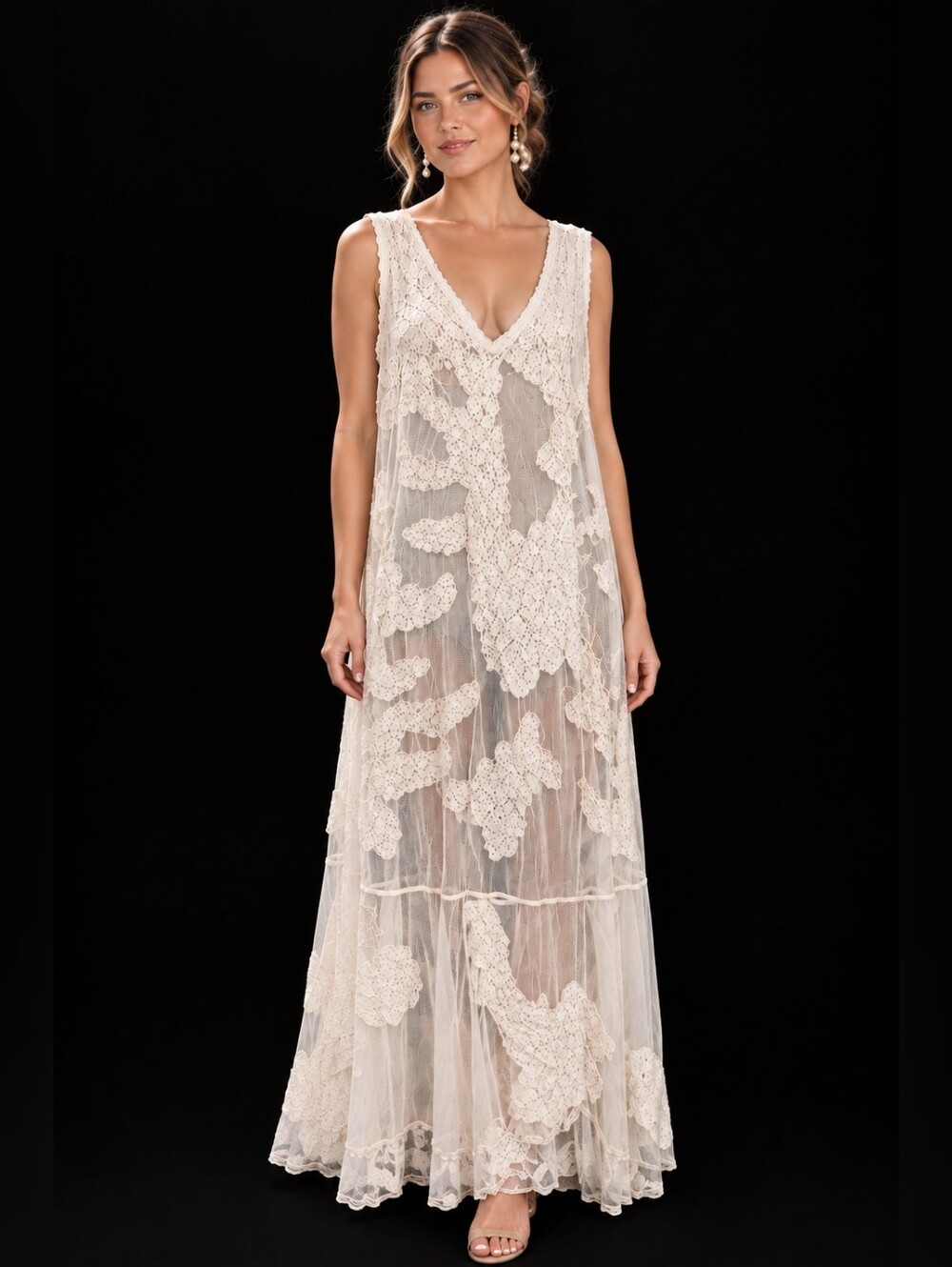 Newport News Sheer Mesh Lace Sequin Ivory Overlay Dress Vintage Women Size 22W